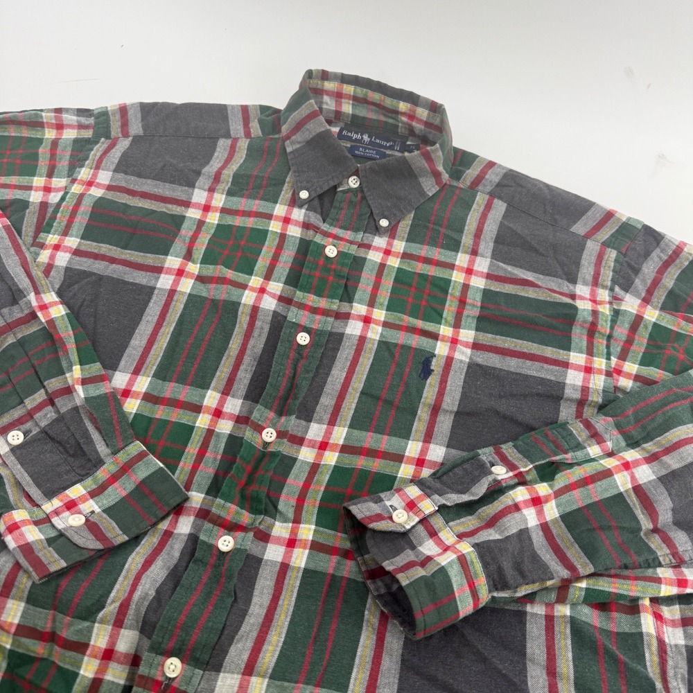 Ralph Lauren Blaire Mens Plaid Button Down Shirt Green Red Grey Cotton M